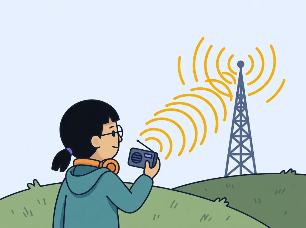 A kid on a grassy hill holds up a little pocket radio and looks across at a tall radio tower, while golden sound ripples arc through the open sky from the tower to the radio.