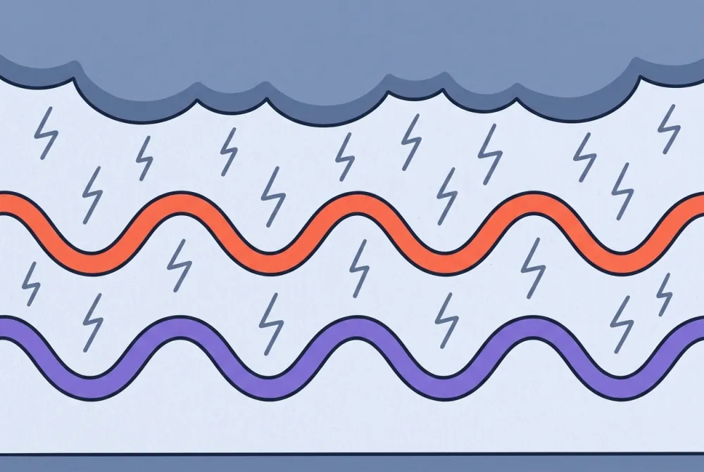 A slate storm cloud sprinkles short jagged crackle marks straight down onto two whole waves below it — a coral wave and a violet wave — both taking the very same falling crackle on their height.