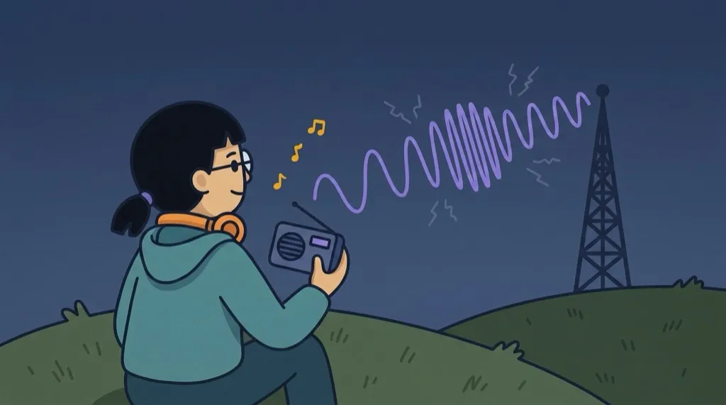 At dusk the kid sits on the hill listening happily as a smooth violet FM wave sails from the tower and arrives clean at the little radio, a few faint slate crackle marks bouncing harmlessly off it.