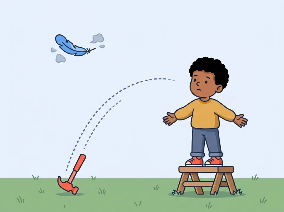 A child on a garden stool has just let go of a hammer and a feather: the hammer streaks down near the grass while the feather still floats high up on little puffs of air.