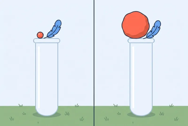 Two identical airless tubes on the grass: in one a tiny marble waits at the top beside the feather, in the other a giant boulder waits beside the very same feather.