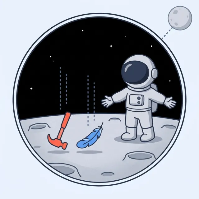 Inside a magnifying bubble, an astronaut on the airless Moon lets go of a hammer and a feather and they fall side by side, perfectly level.