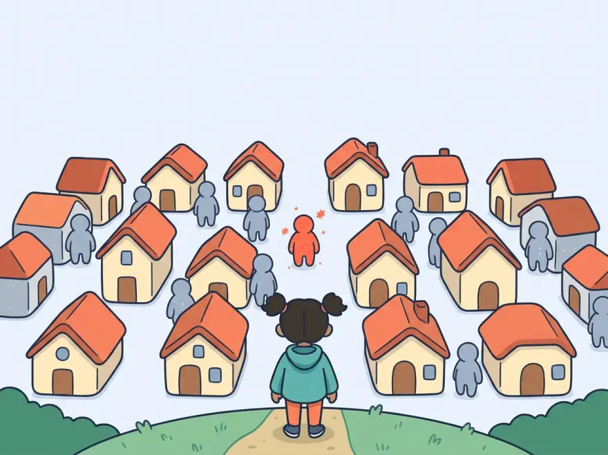 A child on a hill path looks down at a small town of houses where the people are calm grey-blue figures, and one person in the middle has just caught a germ and turned coral-red.