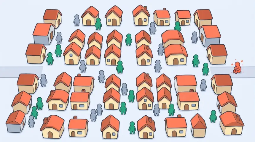 A top-down town with many people scattered through the streets, a good number of them now green immune figures mixed evenly among the grey-blue ones, with a single coral-red sick person just starting at one edge.