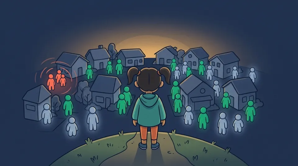 At dusk the child looks down from the hill at a calm town where green immune people are sprinkled through the streets, a small patch of coral-red has fizzled out, and most of the grey-blue townsfolk glow safe and healthy.