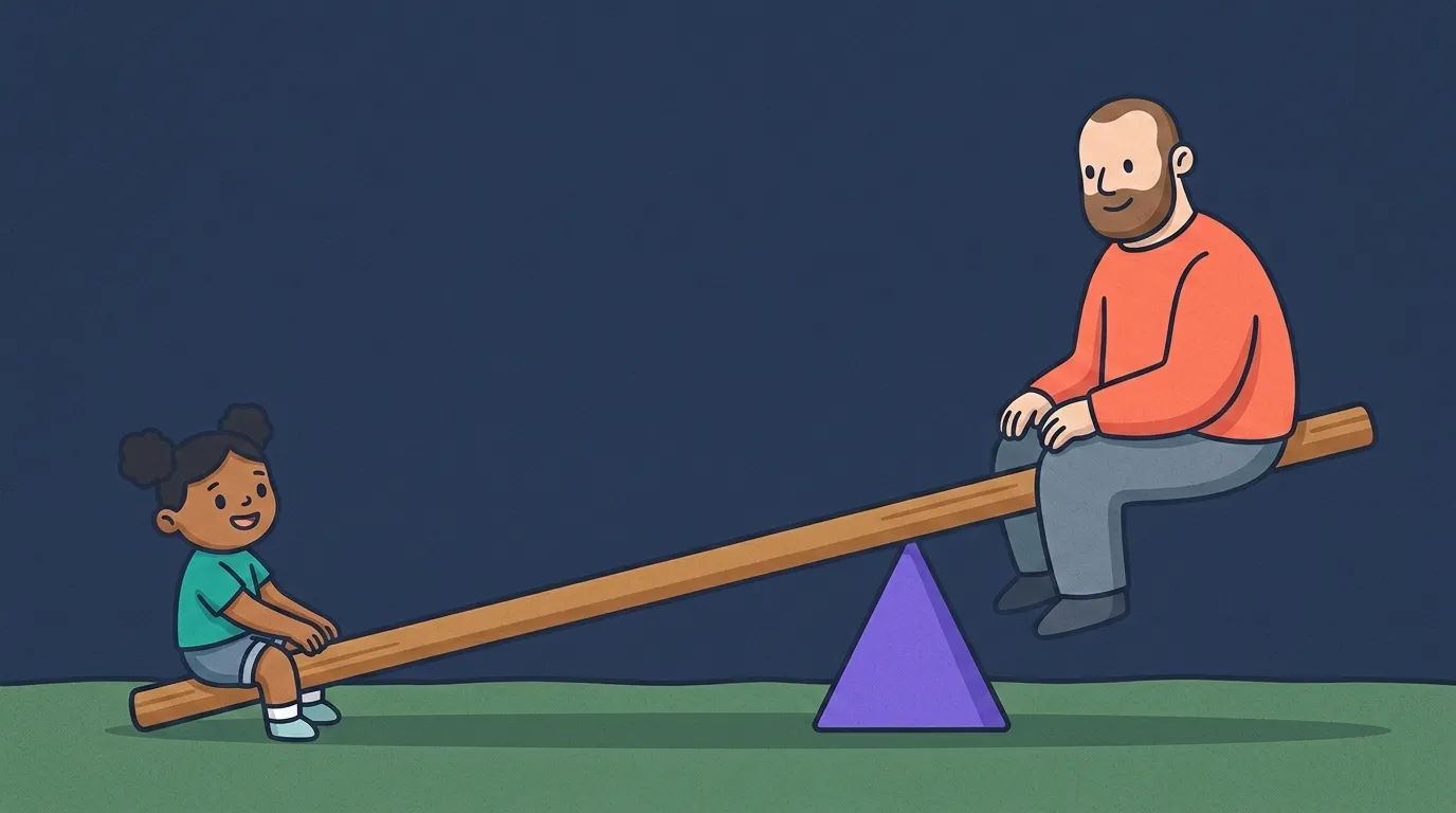 At dusk the coral giant sits close to the middle on a short arm and is lifted gently up, while the tiny teal kid sits way out at the end of a long arm and settles down, tipping the giant up.