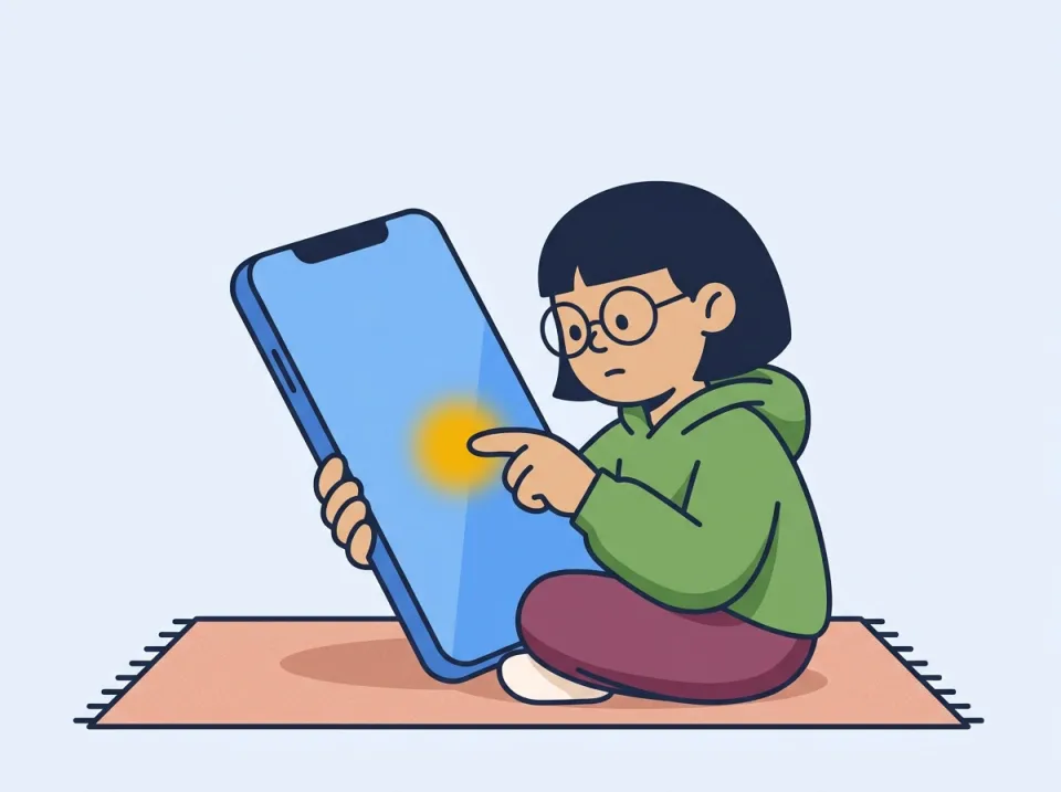 A child sits on a rug pressing one finger to a big phone's smooth glass screen, and a soft glowing spot lights up right under the fingertip.