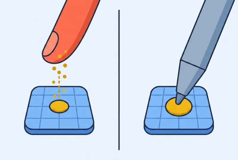 Two panels: on the left a coral fingertip lifts gold charge dots up out of a blue grid square so its puddle shrinks; on the right a grey-blue plastic tip touches an identical square but no charge moves.