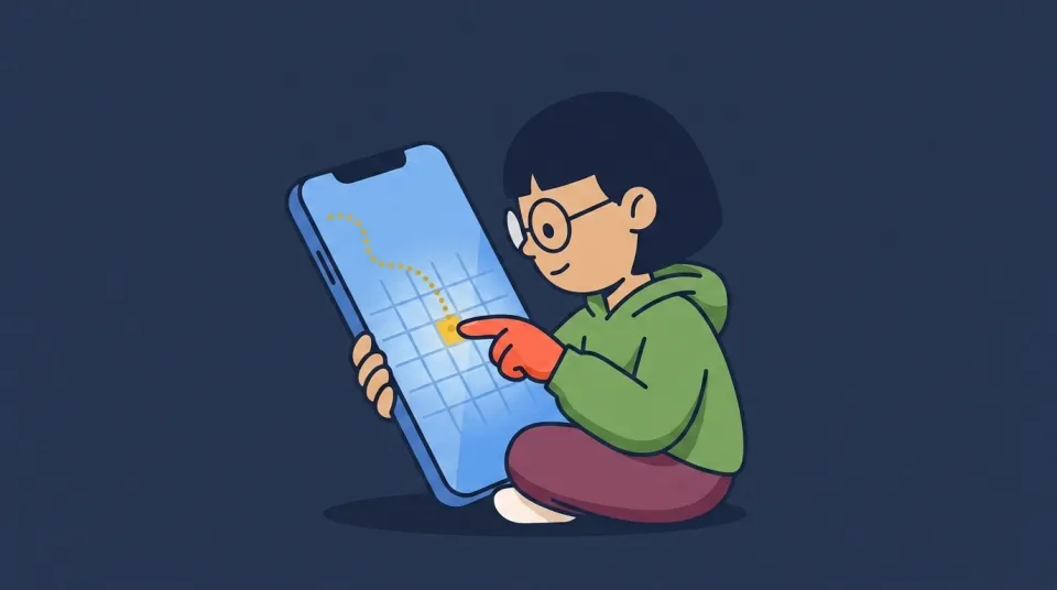At dusk the child rests a bare fingertip on the phone and a trail of gold charge dots sinks into one glowing blue grid square exactly under the finger.