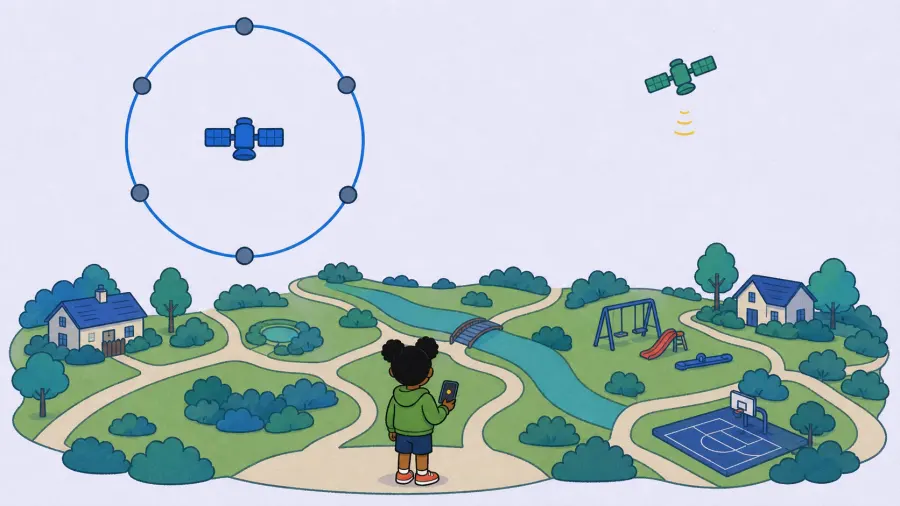 A child watches one blue distance-ring while a second green satellite prepares another clue.