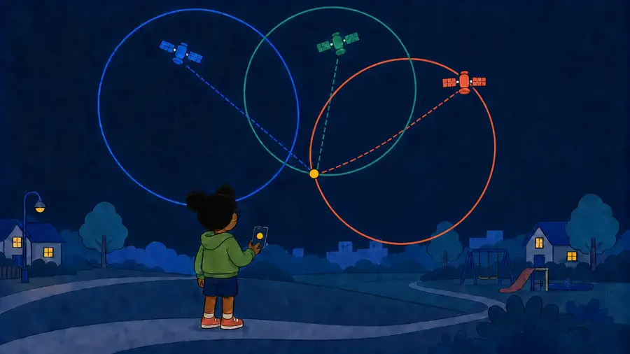 Three colored satellite distance-rings meet at one golden location dot beside a child holding a phone.