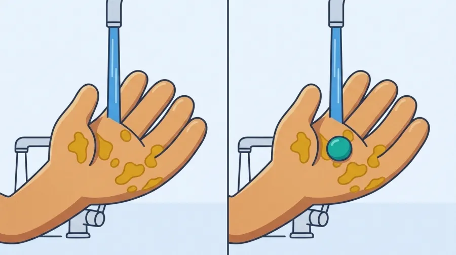 Two side-by-side panels of the same greasy hand under the same tap; the only difference is a small teal dab of soap resting on the right hand. Neither has rinsed yet.