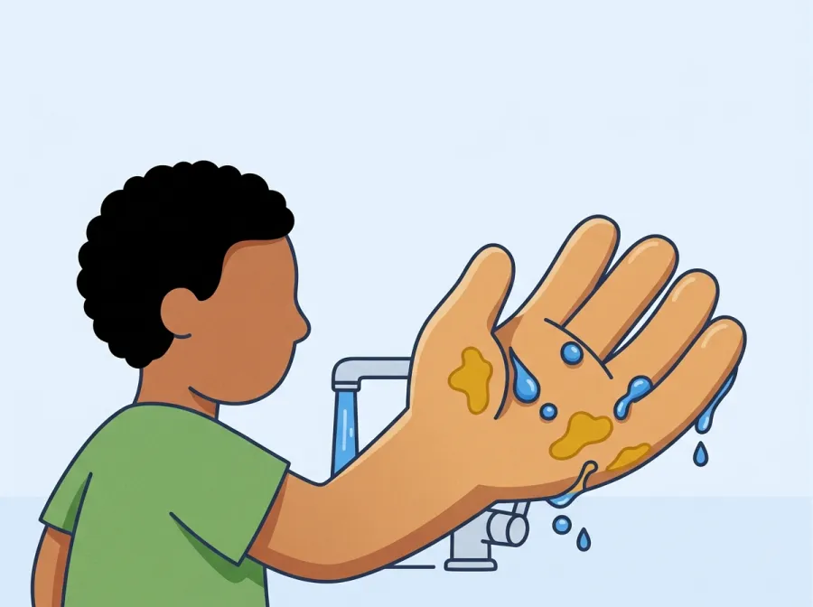 A child holds one greasy hand under a running tap; the water beads up into little drops and rolls straight off the skin while goldenrod grease blobs stay stuck.