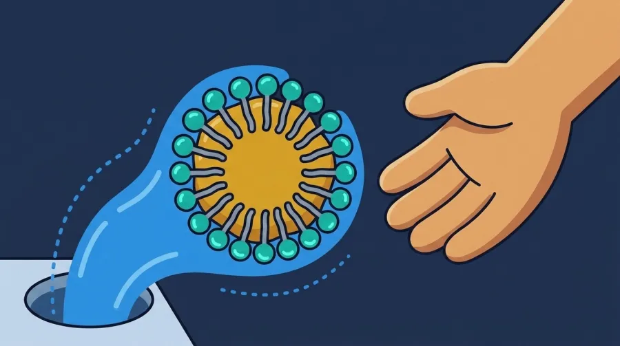 On a dark background, soap molecules ring a goldenrod grease blob with grey tails buried in and teal heads facing out, and blue water sweeps the wrapped ball toward a drain while a clean hand waits beside it.