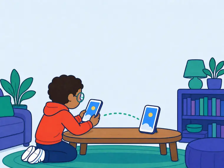 A child sends the same blue-sky photograph between two phones across a living-room table.