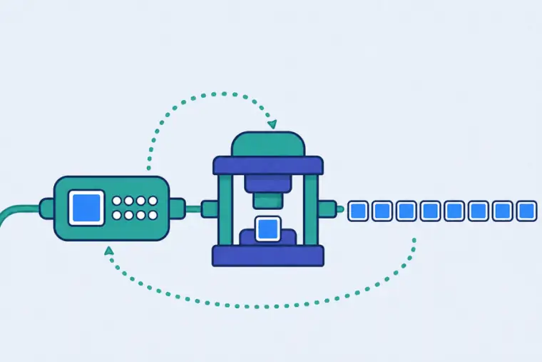 A teal color-and-count tag passes through a stamper and rebuilds the matching row of blue pixels.