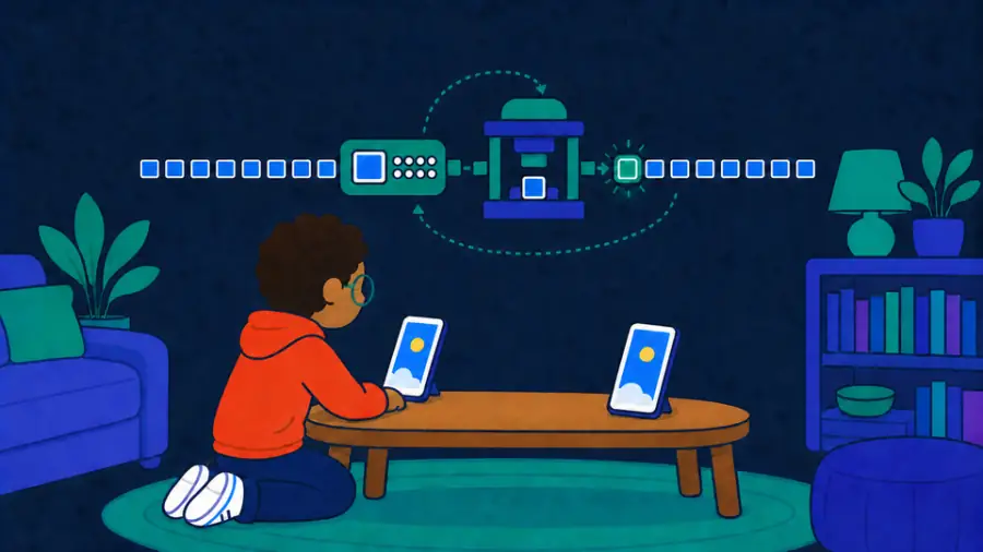 A child watches repeated blue pixels fold into one teal tag and rebuild beside a receiving phone.