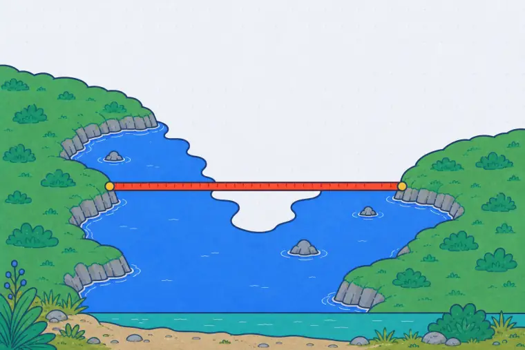 One long coral ruler bridges a deep blue bay between two gold landing points.