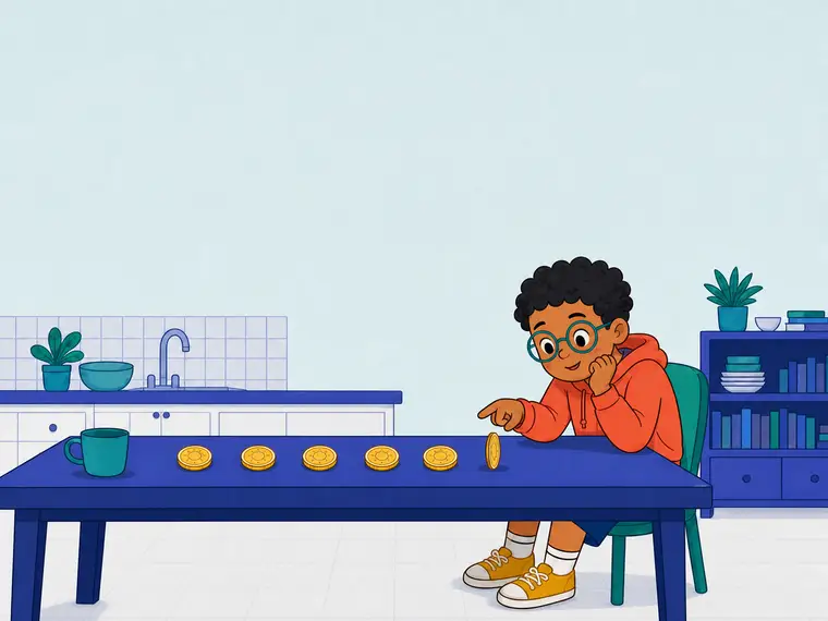A child studies five matching gold coins beside one upright mystery coin on a kitchen table.