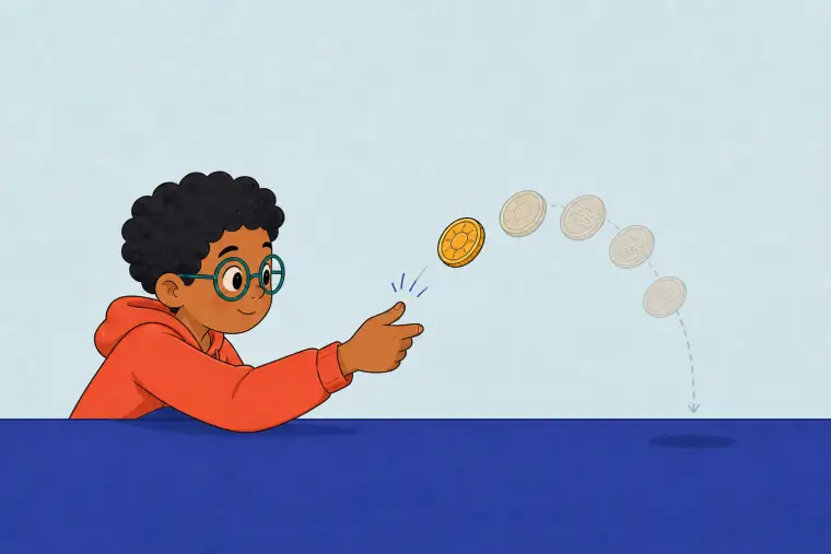 The same child flicks one gold coin through a spinning arc toward an unknown landing spot.