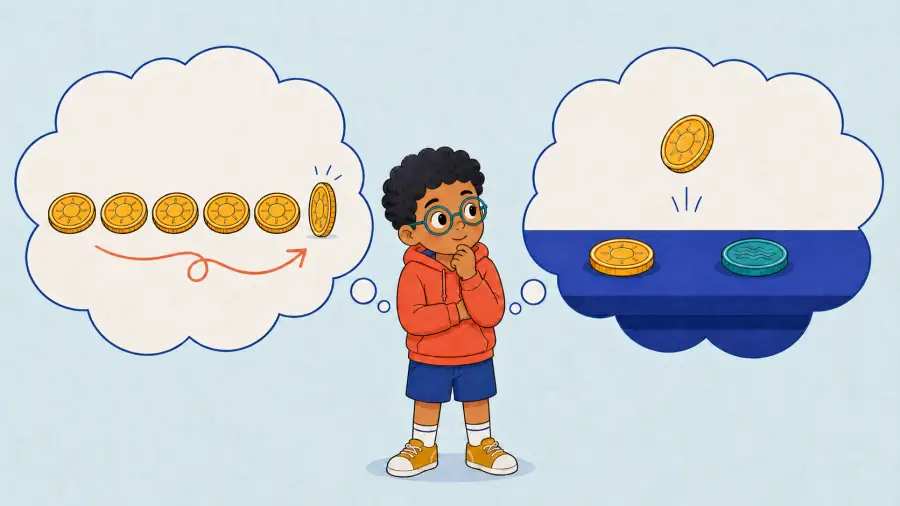 A thoughtful child compares a streak tugging at one mystery coin with a fresh toss between two equal outcomes.