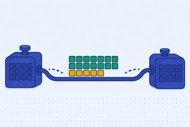 Teal message tiles and smaller gold helper tiles travel together between two indigo devices.