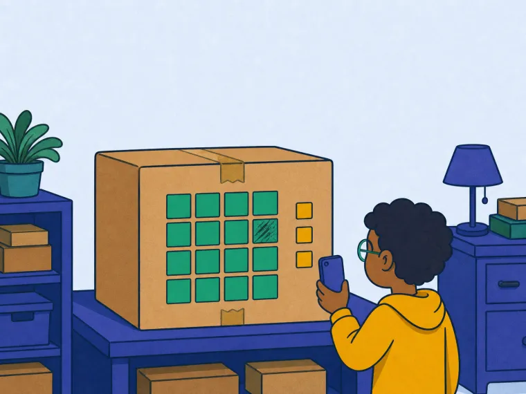 A child aims a phone at a cardboard package whose teal square code has one scratched tile.