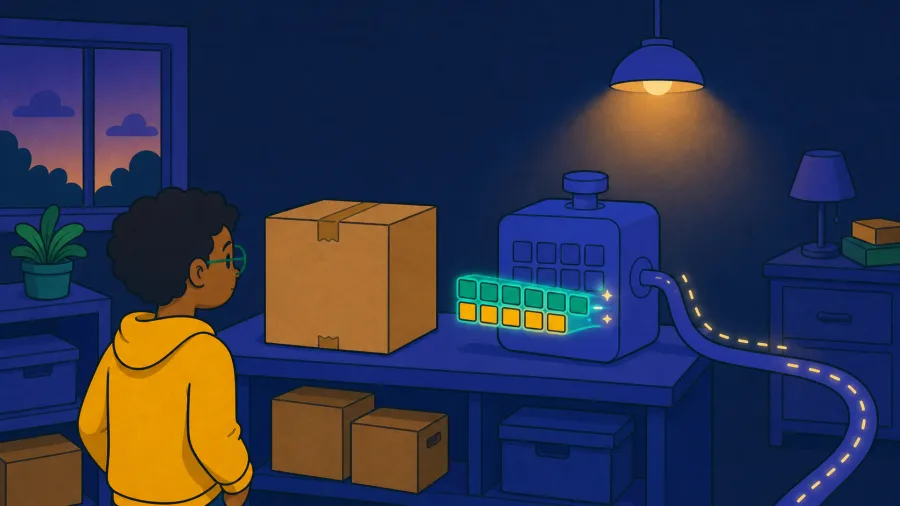 The same child watches an intact teal message bundle with gold helpers arrive beside the cardboard package.