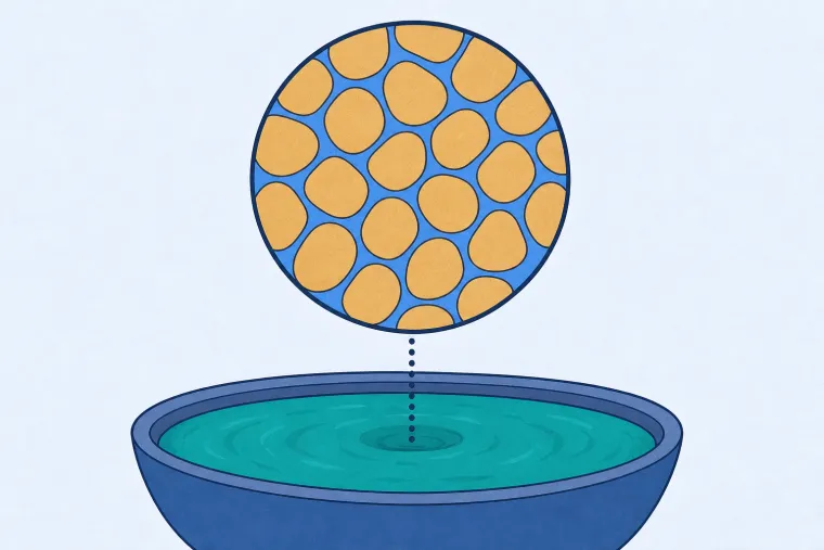 A magnified bubble above a teal bowl shows crowded tan grains with blue water through their gaps.