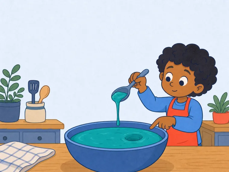 A child watches teal goo drip from a spoon while a dimple holds on the same bowl.