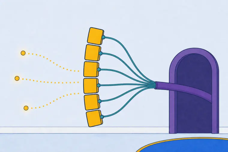 Six gold sensor tiles send teal wires into one thick cable through a rounded doorway.
