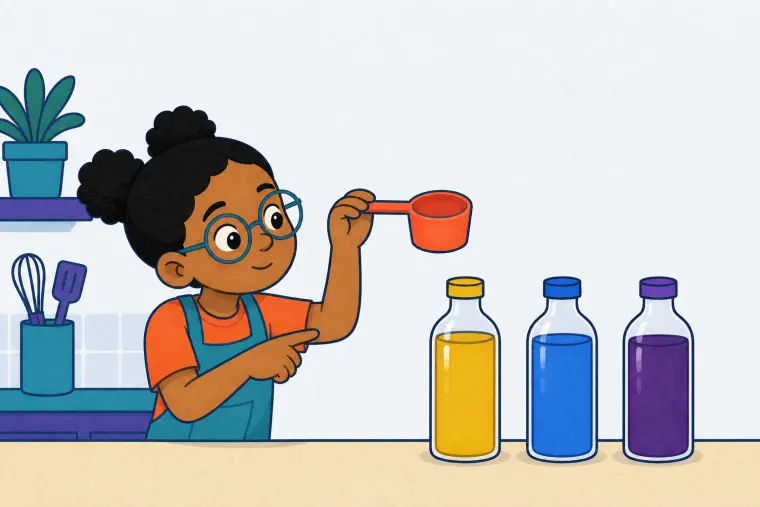 The same child holds one measuring scoop between separate gold, blue, and plum liquid bottles.