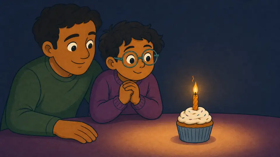 The same child smiles at a steadily lit birthday candle while a watchful grown-up sits beside them and the child's hands stay clasped away from the flame.
