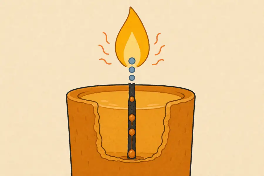 A cutaway candle shows amber wax beads climbing the wick, becoming blue-grey gas beads, and entering a flame above the wick.