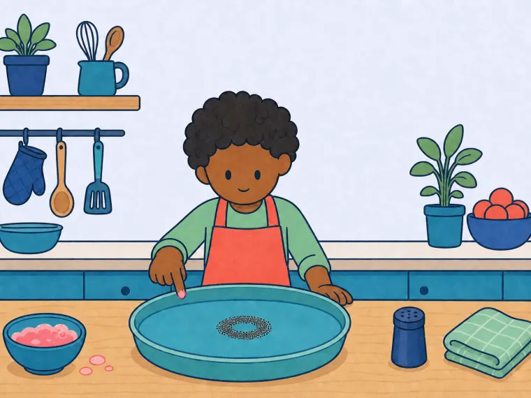 A curious child watches a centered pepper raft while one soapy fingertip waits beside the left rim.