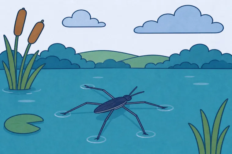 A water strider stands above pond water with a small dimple under each touching foot.
