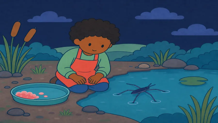 The same child compares a water strider on clean pond water with a nearby soap-and-water dish.