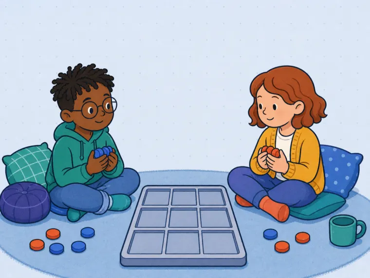 Two children sit beside a completely empty three-by-three game board and wonder who should move first.