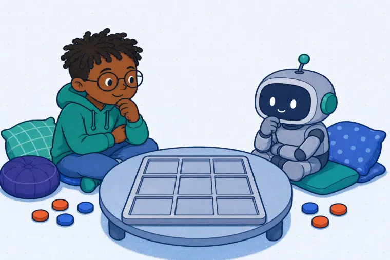 A child and a small robot pause beside a completely blank three-by-three board.