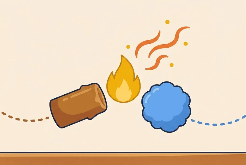 A brown block of wax fuel enters from the left and a blue puff of oxygen enters from the right; they crash in the middle where a gold flame bursts to life, throwing off heat wiggles.