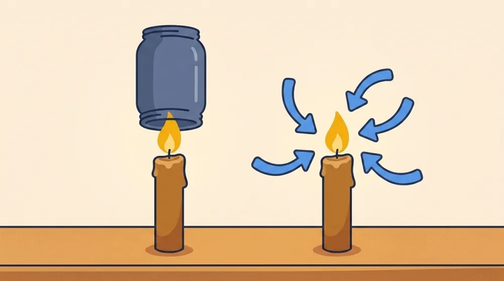 Two identical lit candles on a table: over the left one a glass jar hovers ready to be lowered, while blue fresh-air arrows swirl toward the open candle on the right.