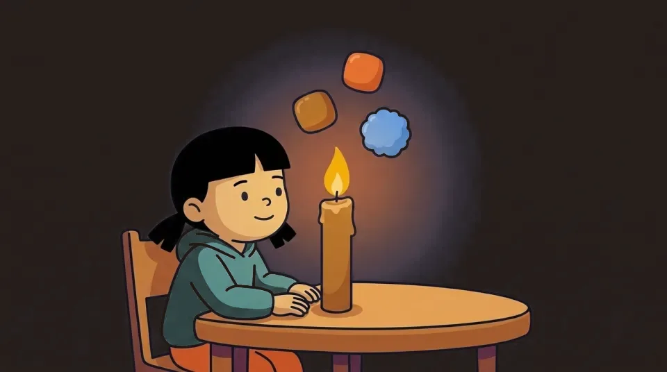 At dusk, a child sits happily beside an open candle whose gold flame glows steadily, with its three ingredients — wax, heat, and an oxygen puff — hovering and feeding it.
