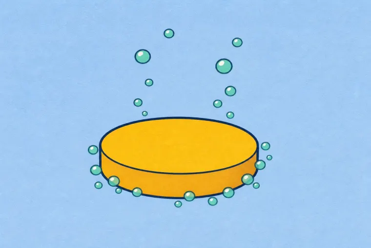 A whole gold tablet sits in blue water with mint bubbles beginning along its wet outer edge.
