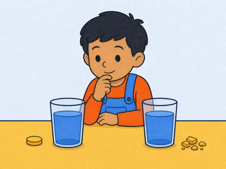 A child compares a whole tablet beside warm water with equal tablet pieces beside cool water before either is dropped.
