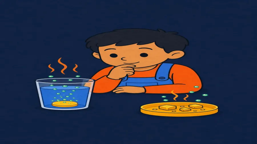 The same child studies a warm glass and a separate tray of tablet pieces as two ways to change fizz speed.
