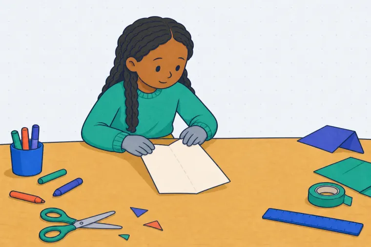 The same child begins folding one completely plain sheet along a simple practice crease.