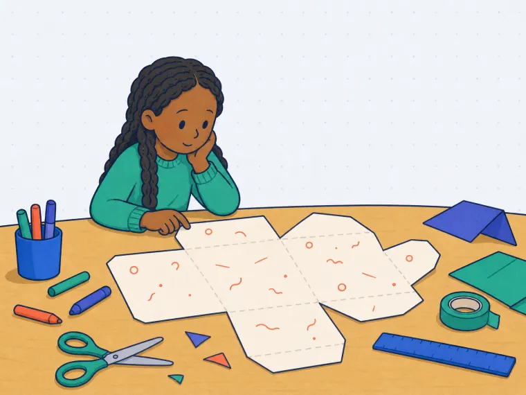 A child studies an unfolded marked paper shape with several possible crease directions.