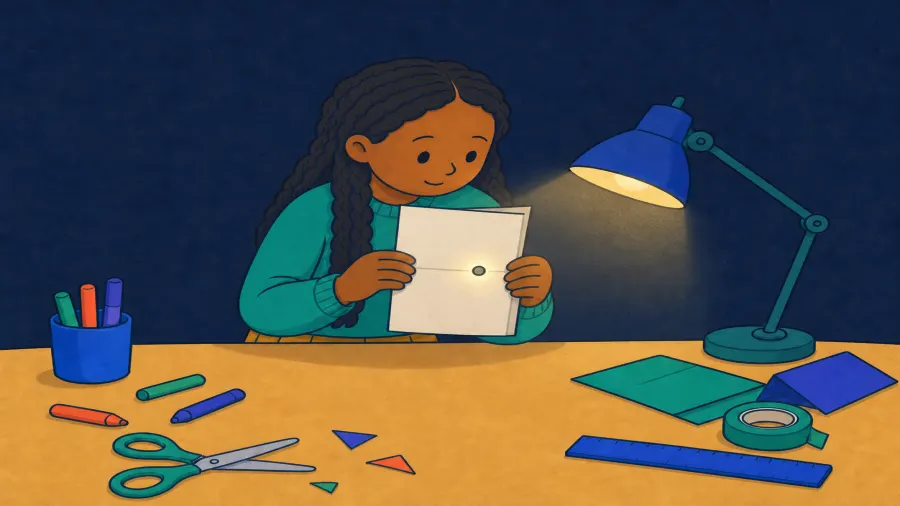 The same child holds a folded paper to a lamp, with light passing through one aligned hole.