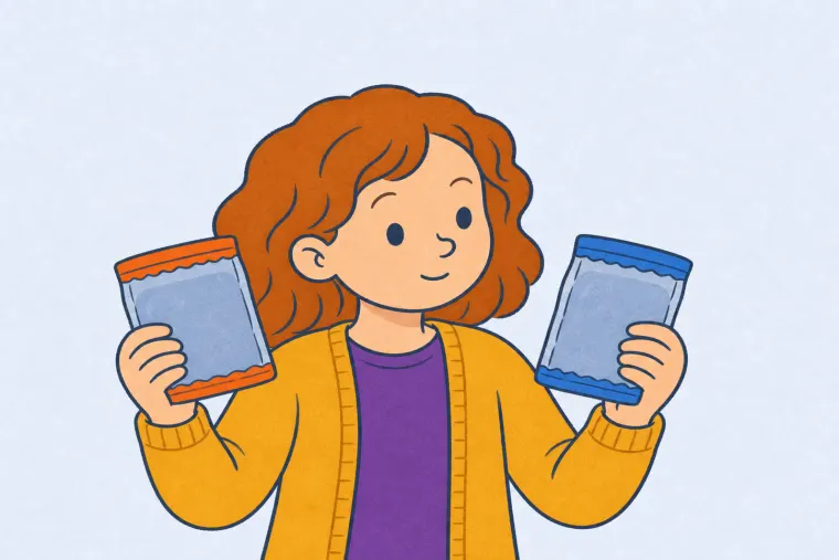 The same child holds one unopened warm pack and one unopened cold pack.