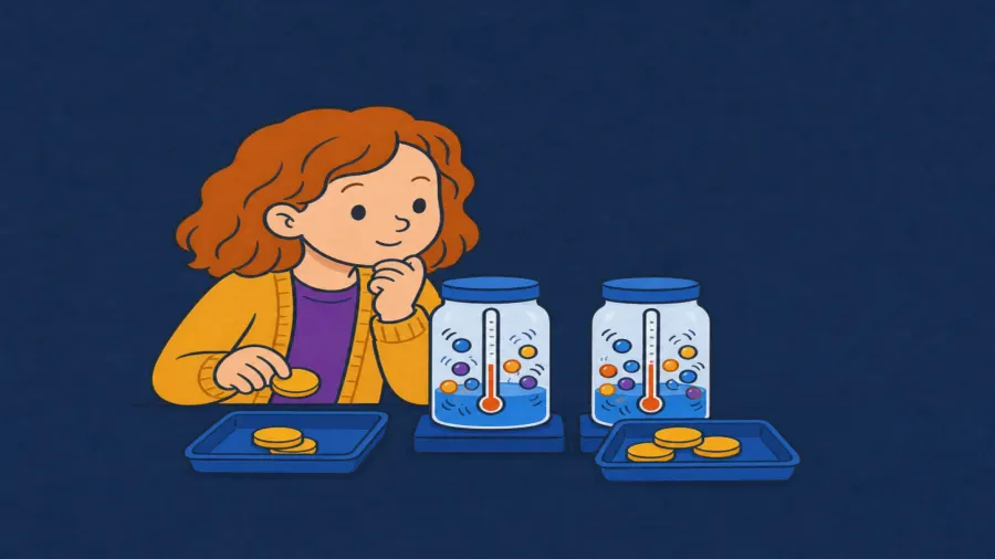 The same child balances energy chips beside two sealed demonstration jars.